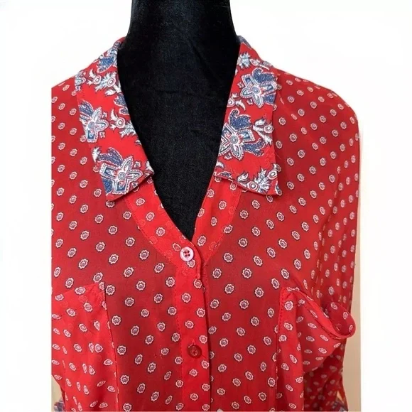 Free People Red Shirt Top M Sheer Button Front Long Sleeve Boho Preppy Slouchy - Picture 5 of 7